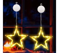 BrizLabs Lumières de Fenêtre de Décoration de Noël, 2 Pièces 10 LED Étoiles Lumières de Noël Batterie Intérieur Rideau Guirlande Lumineuse Minuterie Ventouses pour Balcon Fête Maison, Blanc Chaud
