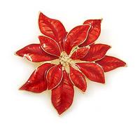 Broche de Noël en forme de poinsettia en émail rouge vif plaqué or - 55 mm, taille unique, émail, Pas de gemme