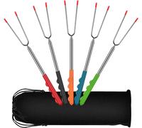 Brochettes de barbecue, set de 5, acier inoxydable, 28-115 cm, extensible, fourchette de barbecue télescopique, set pour camping, garden-party, fête BBQ, etc.