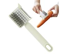 Brosse à légumes 4 en 1 - Éplucheur intégré - Nettoyant pour | Dimensions : 19,3 x 5,6 x 7 cm | Matériau PP léger et durable | Poils à double texture avec boucle de suspension