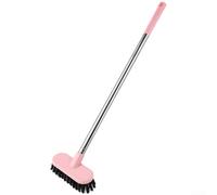 Brosse à sol à long manche avec poils denses, outil de nettoyage en acier inoxydable pour sols et vaisselle, tête amovible, design compact de 46 cm, rose (poudre)
