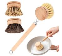 Brosse à vaisselle en bambou avec poignée, brosses de cuisine naturelles avec 3 têtes de rechange, crin de cheval, sisal, paume, brosse à récurer tout usage, brosse à récurer pour fruits et légumes