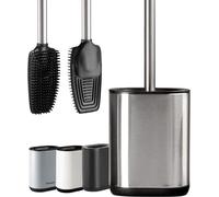 Brosse à WC en acier inoxydable avec support, silicone flexible, moderne et élégante, hygiène optimisée, anti-traces de doigts. (argent)