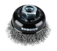 Brosse boisseau métallique Rhodius STBW avec fil d'acier ondulé pour utilisation sur meuleuses d'angle, 100 x 30 x M14 mm