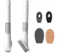 Brosse de nettoyage multifonction Unyqoos® 4-en-1 avec distributeur de savon intégré, têtes interchangeables, comprenant une brosse, une éponge et un tissu en flanelle, de couleur blanche, avec un man