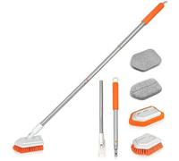 Brosse de nettoyage pour salle de bain Unyqoos® 4-en-1, avec manche réglable de 85 à 106 cm, tête en forme de V pivotante à 180°, et 4 accessoires interchangeables (laine d'acier, pad en microfibre, b
