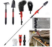 Brosse de Nettoyage Télescopique Gouttière 170 cm en Acier Inoxydable | Pivot à 180°, Râteau Inclus, Pelle Incluse, Pour Feuilles et Neige, Perche de Toiture