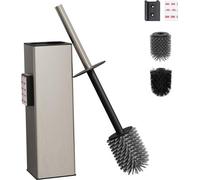 Brosse de toilette murale sans bateau, Acier inoxydable, Comprend 2 brosses, Brosse de toilette en silicone, Porte-brosse, Pour salle de bain