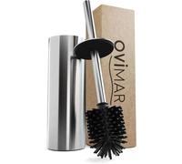 Brosse de WC Ovimar Laeso | Brosse de WC en silicone | Argent | En acier inoxydable avec couvercle | Modèle sur pied pour salle de bains et WC invités | Brosse de WC à tête interchangeable | Design él