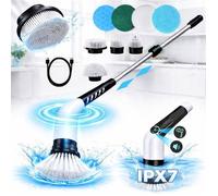 Brosse électrique Nettoyage, avec manche télescopique, avec 8 têtes, étanche IPX7, 2 Vitesses, Batterie 2500mAh, Manche Extensible
