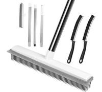 Brosse multifonction pour sols en caoutchouc Unyqoos®, avec manche en acier inoxydable réglable de 47 à 118 cm, adaptateur pour raccordement au robinet, angle de 45°, brosses en caoutchouc pour poils 