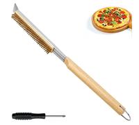Brosse pour four à pizza, 53 cm, outil de nettoyage 2-en-1 avec manche en bois et grattoir en acier inoxydable