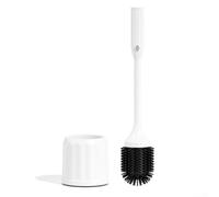 Brosse WC en silicone et support avec couvercle à ouverture automatique - Tête plate pour nettoyer en profondeur les coins - Outil hygiénique de salle de bain blanc 40,6 cm