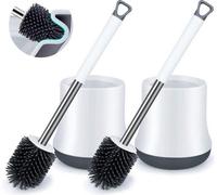 Brosse WC en silicone Unyqoos® avec support – Lot de 2, tête de brosse flexible en TPR, fixation murale et modèle autoportant, base anti-gouttes, douce pour les surfaces, couleur blanche