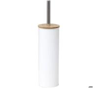 Tendance - Brosse WC Métal Couvercle Bambou - Blanc - Salle de Bain - Poubelles et Brosses WC