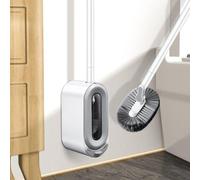 Brosse WC Unyqoos® avec couvercle auto-fermant, fixation murale sans perçage, base amovible, poils en nylon, manche ergonomique, gris/blanc