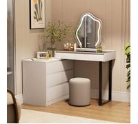 BROTTAR Coiffeuse d'angle avec éclairage LED réglable, miroir et 5 tiroirs, plateau en verre convertible en forme de L, blanche