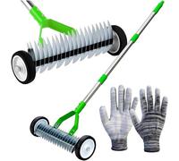 Brouette manuelle pour scarifier et aérer le gazon, équipée de roues, avec une poignée de 130 cm et de gants de jardinage. Aérateur pour gazon avec 21 lames en acier galvanisé. Rouleau aérateur pour u