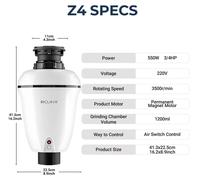 Broyeur de déchets de cuisine - Modèle Z4 - Alimentation continue - Moteur de 3/4 CV, 3500 tr/min - Chambre de broyage en acier inoxydable de 1200 ml - Prise européenne