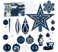 BRUBAKER 128 Boules de Noël Premium - Set de Boules de Noël XXL avec Boules Scintillantes, Glaçons, Pendentifs Diamant, Bonbons, Bottes de Noël et Étoile de Sommet - Décorations d'arbre - Bleu
