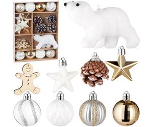 BRUBAKER 24 Pièces de Décoration d'arbre de Noël avec Boule Ours Polaire - Set avec Pomme de Pin, Pendentif Pain d'Épice en Bois, Étoiles Scintillantes et Boules d'arbre à Motif - Blanc, Or et Marron