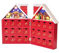 BRUBAKER - Calendrier de l'Avent Lumineux - 24 Tiroirs à remplir - Maison avec Crèche de Noël - Décoration de Noël en Bois - Éclairage LED - 21 x 9 x 30 cm - Rouge