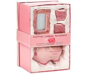 BRUBAKER - Coffret cadeau Bébé/Naissance - 4 Pièces - Ma première tirelire, Boîte à dents de lait, Boîte à mèche de cheveux & Cadre photo - Rose/Fille - Français