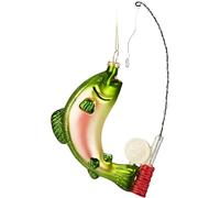 BRUBAKER Poisson au Hameçon - Truite Arc-en-Ciel avec Canne à Pêche - Boule de Noël en Verre Soufflée et Peinte à la Main - Décoration Humoristique Suspendue pour Sapin - Ornement Amusant 18 cm