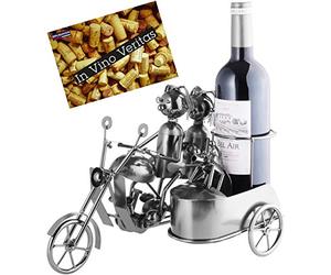 BRUBAKER - Porte-Bouteille de vin - Couple & Chien à Moto Side-Car - Sculpture en Métal - Carte de voeux INCL. - Idée Cadeau Originale