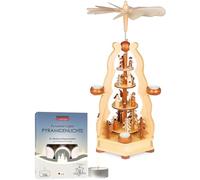 BRUBAKER Pyramide de Noël avec Lot de 12 Bougies Chauffe-Plat - Carrousel Rotatif à Quatre Niveaux avec Rois, Chanteurs, Marie, Joseph et Jésus - 55 cm Crèche Peinte à la Main - Naturel