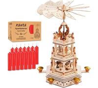 BRUBAKER Pyramide de Noël avec Lot de 50 Bougies Rouges - Carrousel Rotatif à Trois Niveaux avec Figurines en Bois Peintes à la Main - Décoration de Fête de 44 cm - Finition Naturelle