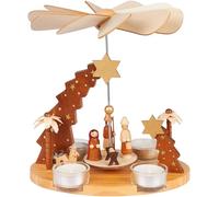 BRUBAKER Pyramide de Noël - Étoile de Bethléem, Jésus, Marie, Joseph et Berger - Modèle de 22 cm en Bois - Pyramide de Table Rotative pour 4 Bougies Chauffe-Plat - Peinte à la Main