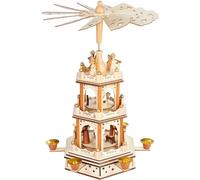BRUBAKER Pyramide de Noël - Pyramide Tournante en Bois à 3 Étages - Décoration de Noël avec 3 Étages et Ailes d'Étoiles en Bois - 45 cm de Hauteur - Personnages Peints à la Main Noël - Nature Marron