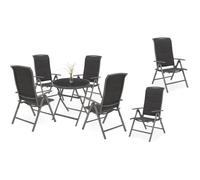 BRUBAKER Salon de Jardin Milano - 1 Table Pliante en Verre Ronde de 70 cm Ø avec 6 Chaises à Dossier Haut - Aluminium - Gris