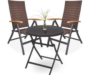 BRUBAKER Salon de jardin Modena - 1 table en verre pliante ronde 70 cm Ø avec 2 chaises en polyrattan - résistant aux intempéries - brun/anthracite