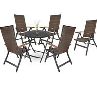 Brubaker Salon de jardin Modena - 1 table en verre pliante ronde 70 cm Ø avec 5 chaises en poly rotin - Résistant aux intempéries - Marron/Anthracite