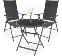 BRUBAKER Salon de jardin Riva - 1 table en verre pliante ronde 70 cm Ø avec 2 chaises à haut dossier - Résistant aux intempéries - Gris argenté