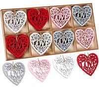 BRUBAKER - Suspensions pour Sapin de Noël - 24 Pièces - Coeurs/Love - Ornements en Bois - Décoration Arbre de Noël & Saint-Valentin - Hauteur 6 cm - Blanc/Rouge/Rose/Gris