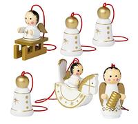 BRUBAKER - Suspensions pour Sapin de Noël - 6 Pièces - Anges & Cloches - Figurines en Bois - Peintes à la Main - Décoration Arbre de Noël