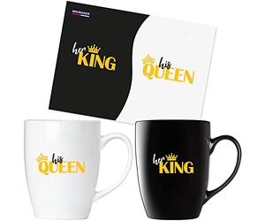 BRUBAKER Tasses à Café Her King & His Queen avec Carte de Vœux - Tasses à Café pour Couple Noir et Blanc - 300 ml Set de Tasses - Mug Set en Boîte Cadeau pour le Mariage et Noël