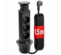 BRÜCKMANN Tower Power Multiprise de table 3 prises Schuko - Prise normale - Multiprise escamotable avec câble de 2 m - Entièrement escamotable dans le plateau de table - Noir (3 x type E noir)
