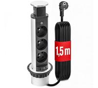 BRÜCKMANN Tower Power Multiprise de table à 3 prises Schuko - Prise normale - Multiprise escamotable avec câble de 2 m - Entièrement escamotable dans le plateau de table - Noir (3 x type E argenté)