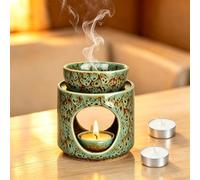 Brûle Parfum, Brûleur d'Huiles Essentielles avec Support pour Bougie Chauffe-Plat, Lampe Parfumée pour Aromathérapie, Méditation et Yoga, Décoration Maison Chambre, Vert Foncé