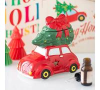 Brûleur à huile Voiture avec Sapin de Noël - Design de Voiture Rouge Vintage pour Huiles Parfumées de Fêtes - Décoration d'Intérieur Festive avec Charme Rétro - Alimenté par Bougie Chauffe-plat