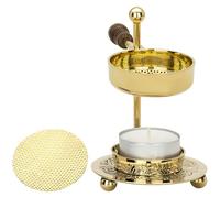 Brûleur d'encens avec manche en bois et passoire, en laiton, doré, fait à la main, hauteur réglable de 11 cm, brûleur d'encens réglable avec bougie chauffe-plat (incluse)