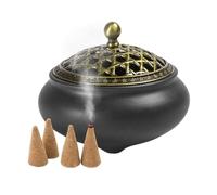 Brûleur d'encens vintage en céramique, couvercle en métal et porte-encens ignifuge, bol rond en porcelaine chinoise pour chambre à coucher, salon, bureau, yoga et méditation