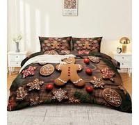 Brun Foncé Housse de Couette 220x240 cm, Parure de Lit Noël avec 2 Taies d'oreiller, Bonhomme De Pain D'Épices Planche imprimé Ensemble de Literie en Microfibre pour Enfants Adolescents Adultes
