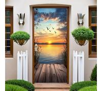 Brun Papier Peint Porte 73x204 cm coucher de soleil sur la plage Trompe l'oeil Sticker Poster Porte Trompe l'oeil Intérieure Muraux PVC pour Décoration Mur Salon Cuisine Chambre Salle de Bain