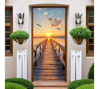 Brun Papier Peint Porte coucher de soleil sur le pont en bois de la plage Auto-adhésif Trompe l'oeil Sticker Poster Porte 83x204 cm Intérieure Muraux PVC pour Cuisine Salon Chambre Salle de Bain