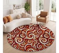 Brun Rougeâtre Vintage Abstrait Tapis Salon 160 cm Rond Lavable en Machine | Géométrique Spirales Motifs Tourbillonnants Courbes Tapis Chambre Descente Lit, Dessous AntidéRapant Doux Poil Ras Moquette